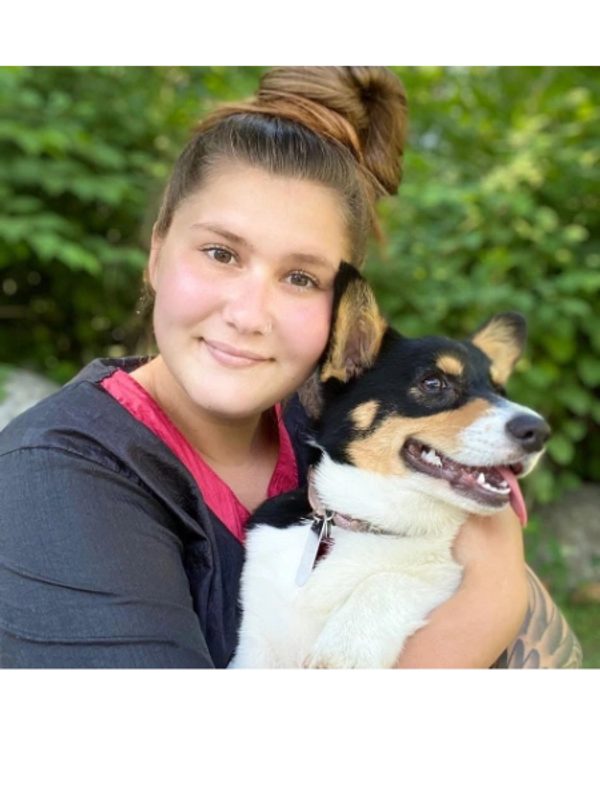 April with a tricolor corgi