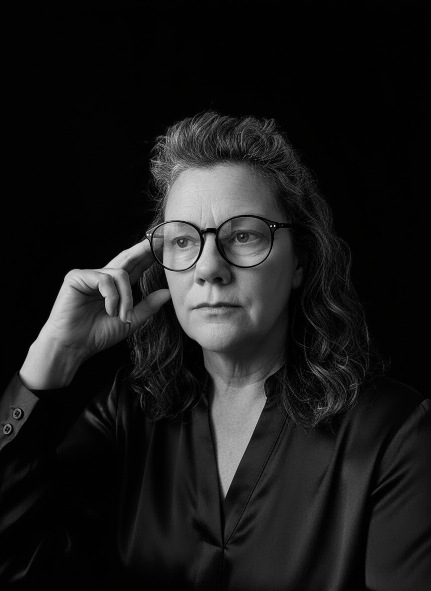 Black-and-white portrait of Cheryl wearing round glasses