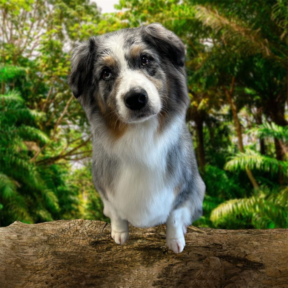 A blue merle Australian shepherd after a bath and tidy, groomed by April